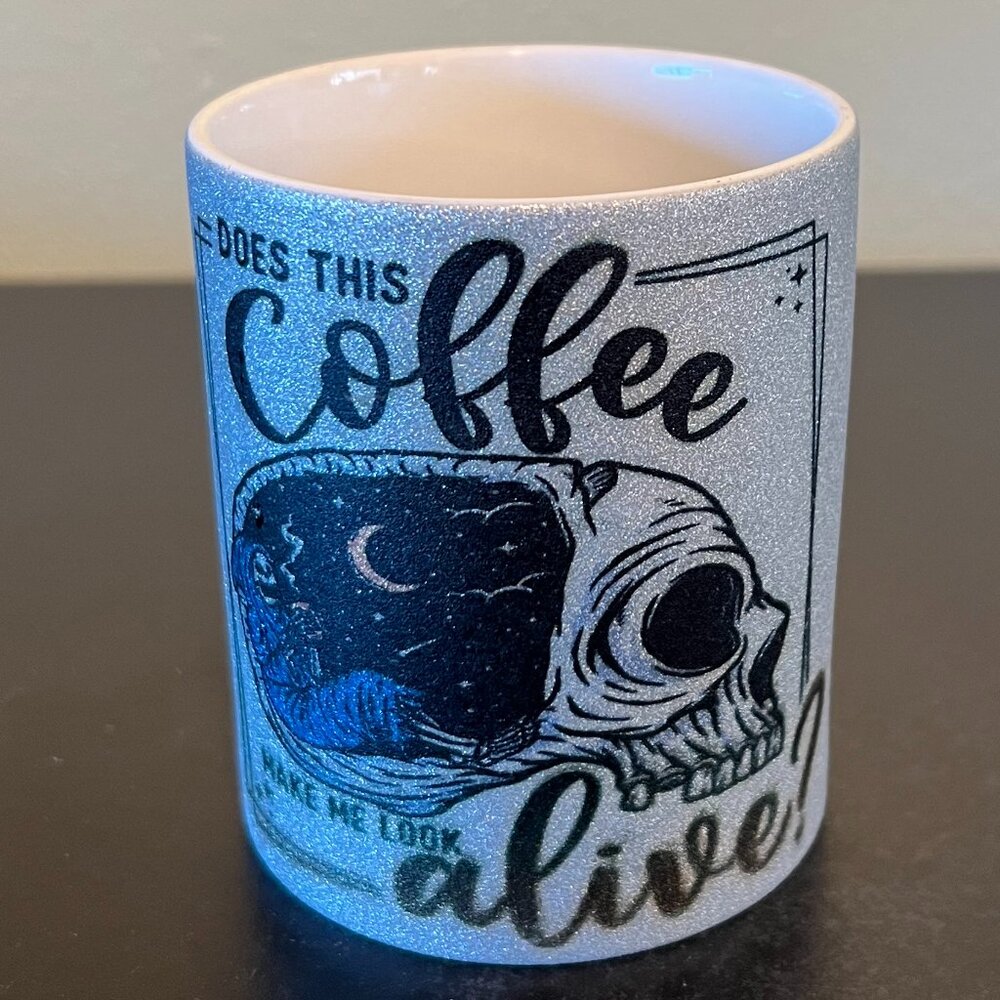 Does This Coffee Make Me Look Alive Halloween Skull Silver Glitter Coffee Mug